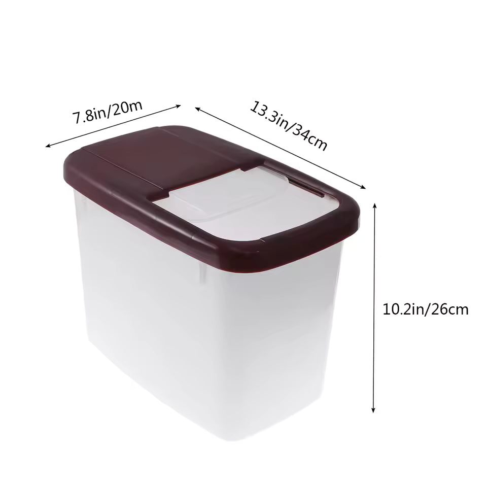 10kg rice storage container with brown lid and white body measuring 13.3 by 7.8 by 10.2 inches