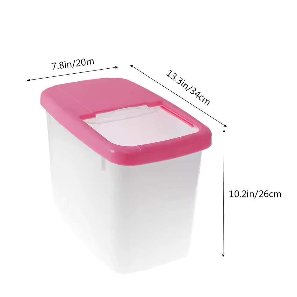 10kg rice storage container with pink lid and secure flip-top opening for kitchen use