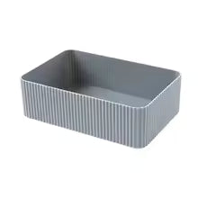 Gray plastic desktop organizer box with ribbed texture for office and home use