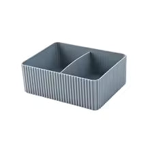 Gray plastic desktop organizer box with two compartments for office supplies and stationery
