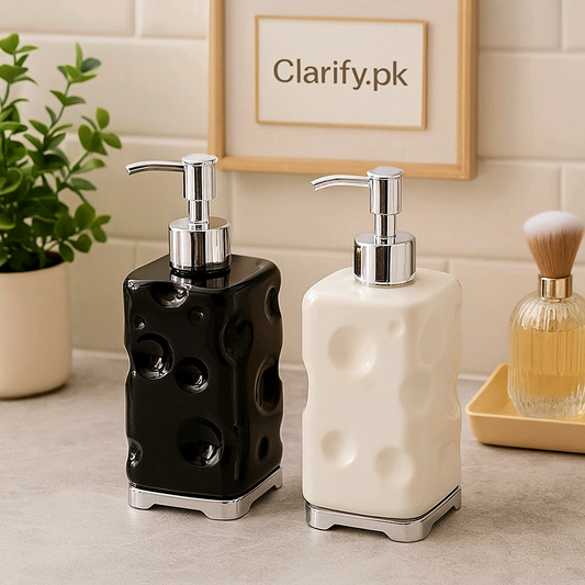 Clarify.pk black and white plastic soap dispenser set with textured surface and silver pump