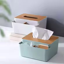 Plastic tissue box with wooden lid in white and green colors for stylish home use