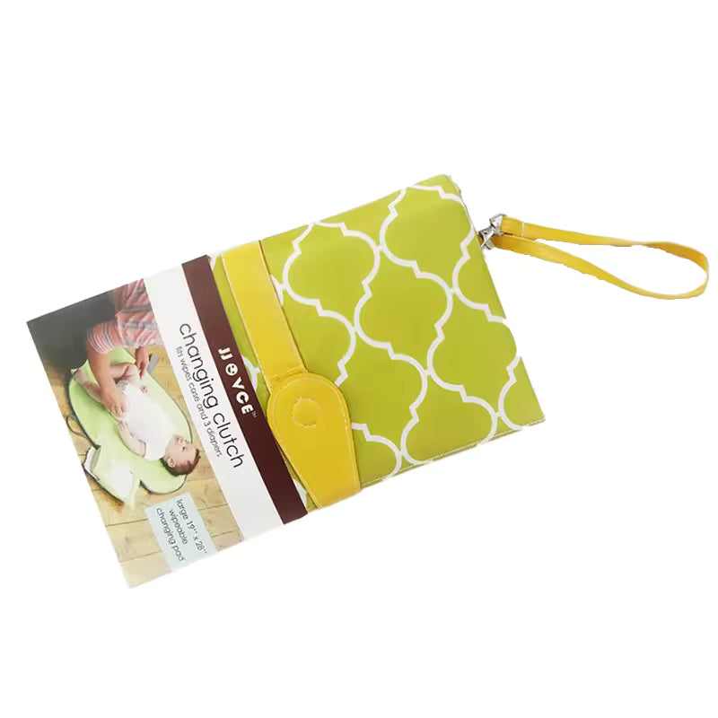 Clarify.pk waterproof baby changing mat with green and white pattern in a compact clutch design