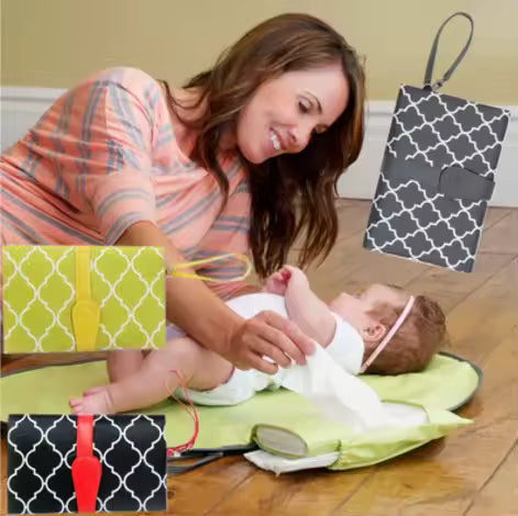 Waterproof baby changing mat by Clarify.pk in various colors with geometric pattern and a mother changing a baby on green mat