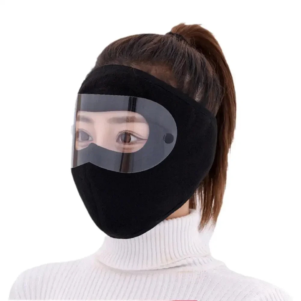 Black polar fleece winter mask with goggles covering face for cold weather protection
