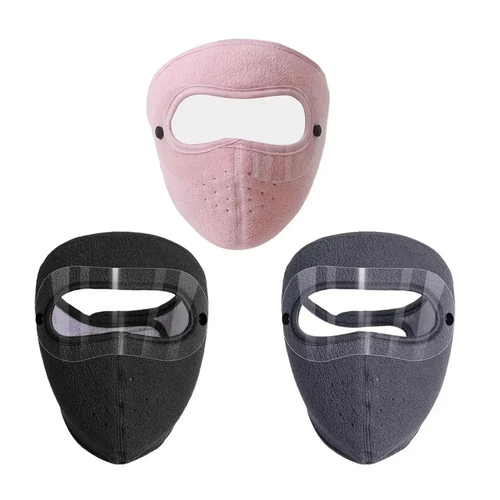 Polar fleece winter mask with goggles in pink black and gray for cold weather protection