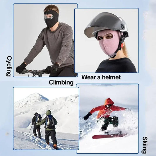 Polar fleece winter mask with goggles shown for cycling climbing skiing and helmet safety