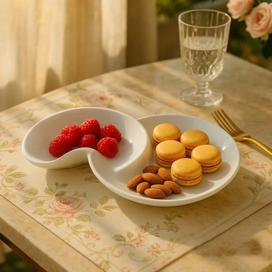 Porcelain high tea platter with raspberries, macarons, and almonds on floral tablecloth
