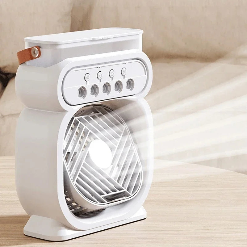 Clarify.pk white water mist fan 3 in 1 air conditioner with adjustable settings on wooden table