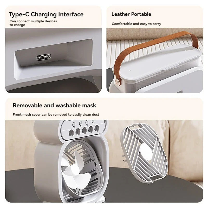 Clarify.pk water mist fan with 3 in 1 air conditioner featuring Type-C charging, leather portable handle, and removable washable mask