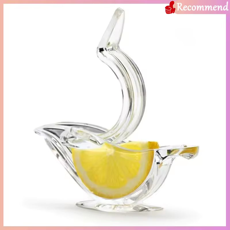 Clear portable acrylic lemon squeezer with a lemon half inside for easy juice extraction