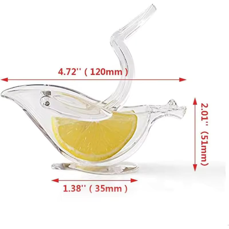 Portable acrylic lemon squeezer in clear bird shape with a lemon slice inside and size dimensions