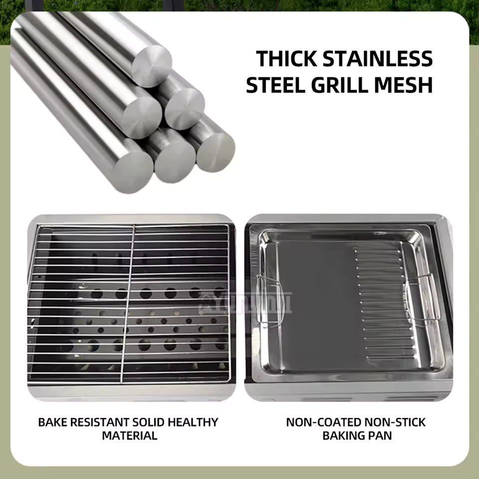 Portable barbecue grill for outdoors with thick stainless steel grill mesh and non-stick baking pan