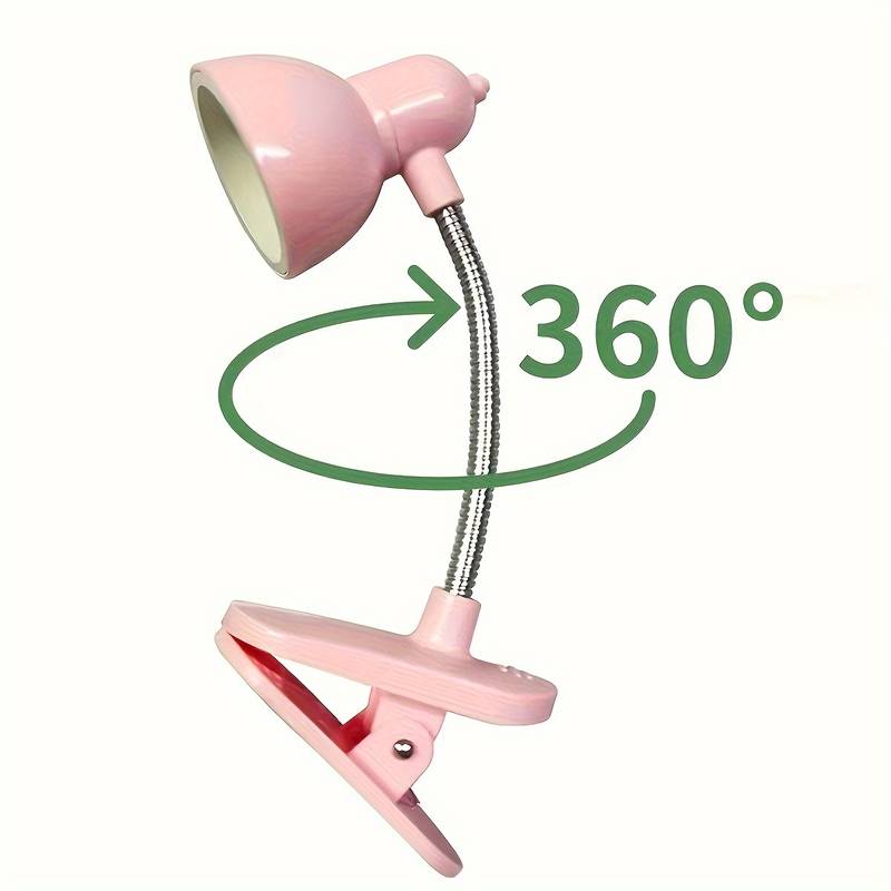 Pink portable book reading light with 360 degree flexible gooseneck and clip base