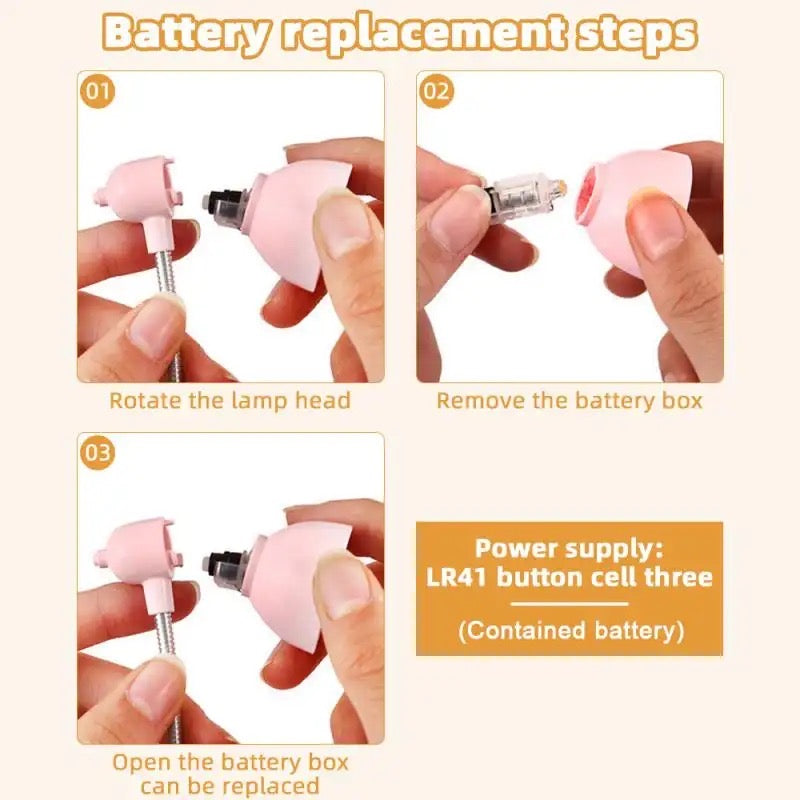 Step-by-step battery replacement process for portable book reading light with LR41 button cell batteries
