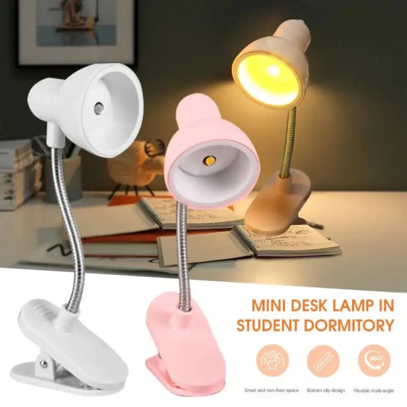Portable book reading light in white, pink, and beige mini desk lamps with flexible necks and clip bases for student dormitory use