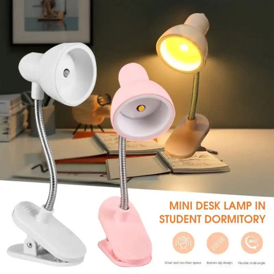 Portable book reading light in white, pink, and beige mini desk lamps with flexible necks and clip bases for student dormitory use
