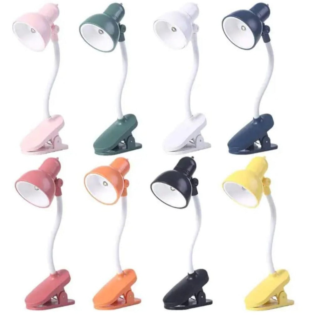 Set of colorful portable book reading lights with flexible necks and clamp bases for easy attachment