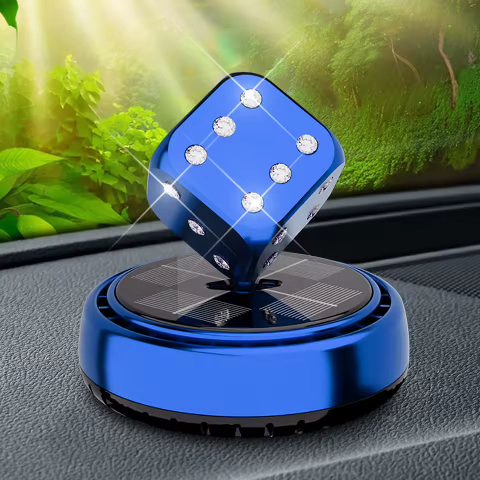 Blue portable car air purifier with LED light dice design placed on car dashboard