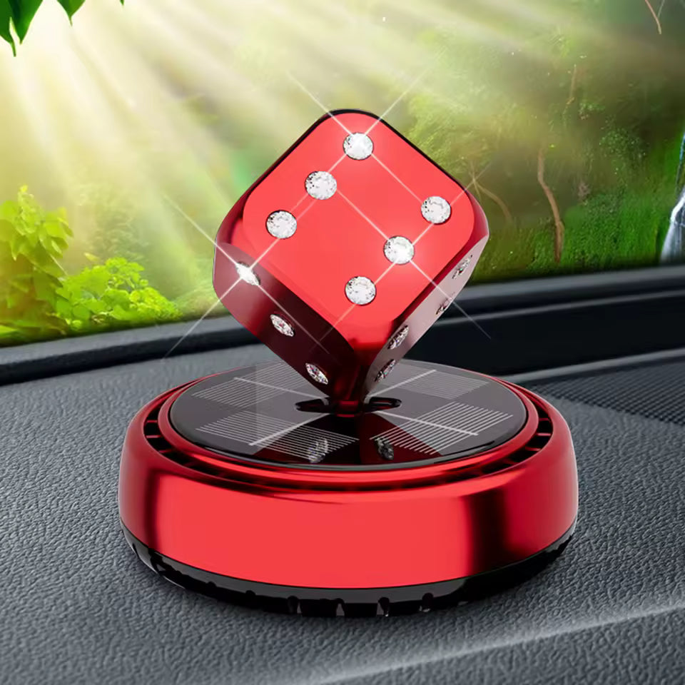 Clarify.pk red portable car air purifier with a shiny dice design on car dashboard