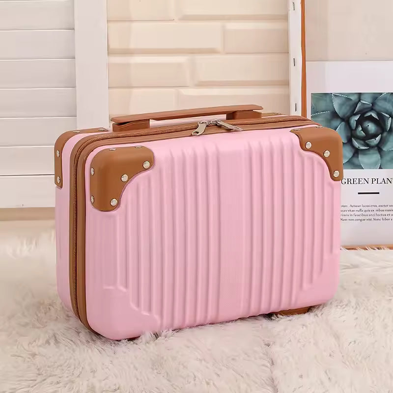 Clarify.pk pink portable cosmetic organizer with handle and brown corner protectors on a soft rug