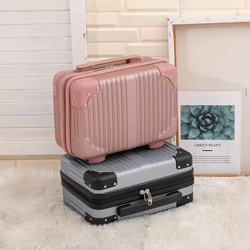 Portable cosmetic organizer with handle in pink, placed on top of a gray cosmetic bag, designed for travel and storage
