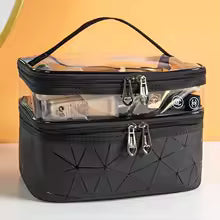 Clarify.pk portable cosmetic storage organizer black makeup bag with double zipper and handle