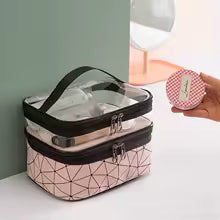 Clarify.pk portable cosmetic storage organizer pink makeup bag with clear top and dual compartments