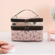 Clarify.pk portable cosmetic storage organizer with two zippered compartments and geometric design