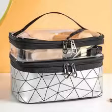 Clear and white portable cosmetic storage organizer makeup bag with dual compartments and zipper closures