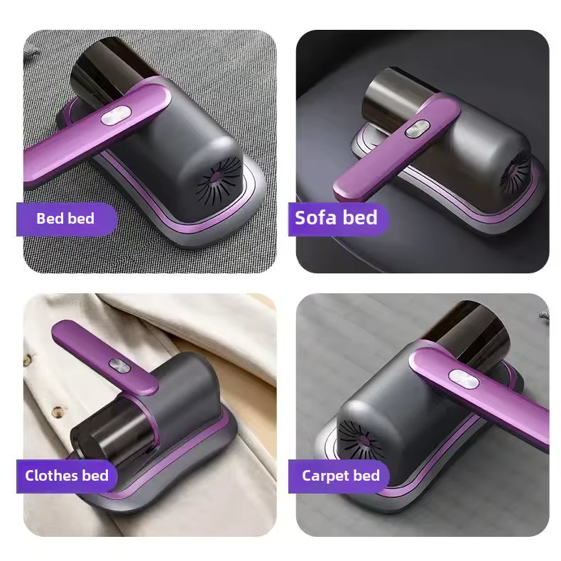 Portable dust cleaner for home in black and purple used on bed, sofa, clothes, and carpet surfaces