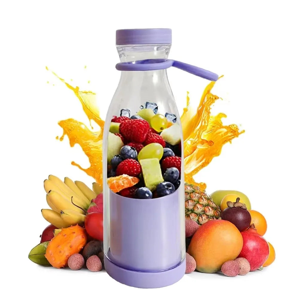 Clarify.pk portable electric juicer blender with purple lid and fresh mixed fruits inside