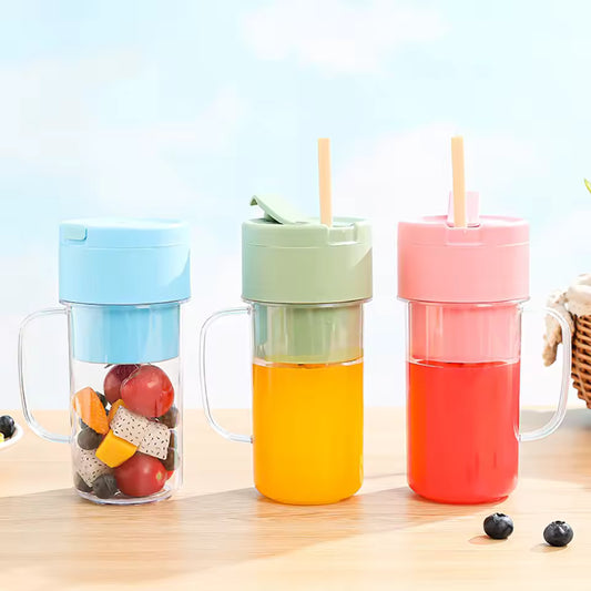 Three portable electric juicer cups in blue, green, and pink with fresh fruit and juice inside