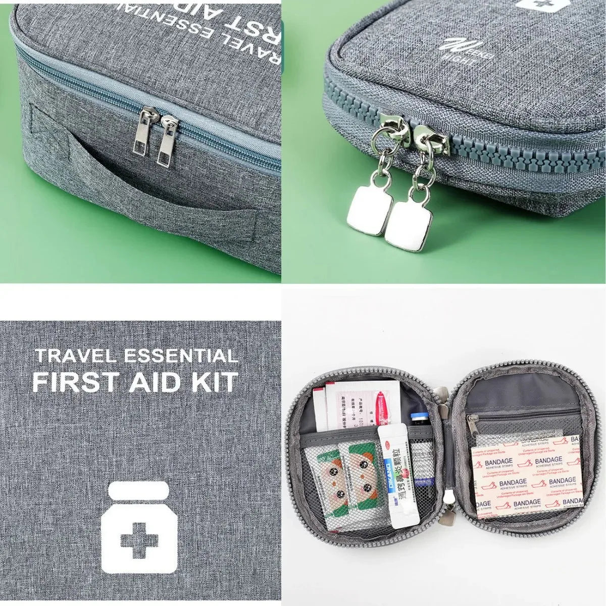 Compact gray portable first aid kit bag with zipper and travel essential supplies inside