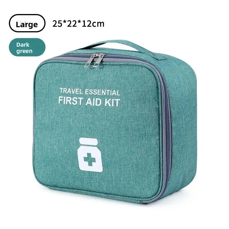 Dark green large portable first aid kit bag with zipper and handle for travel essentials