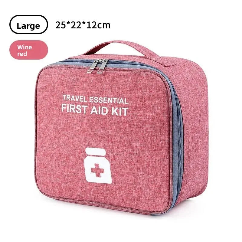 Wine red large portable first aid kit bag with travel essential text and handle