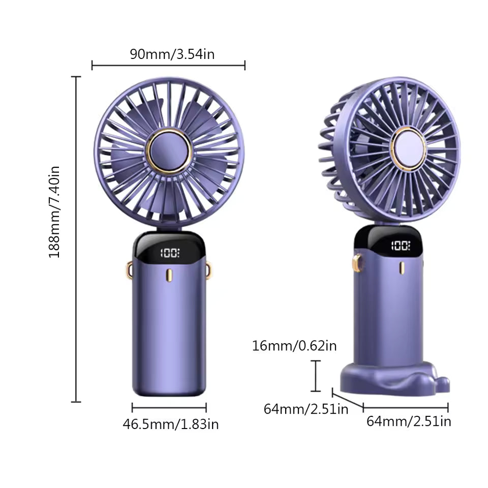 Clarify.pk portable handheld fan rechargeable in purple with digital display and compact design