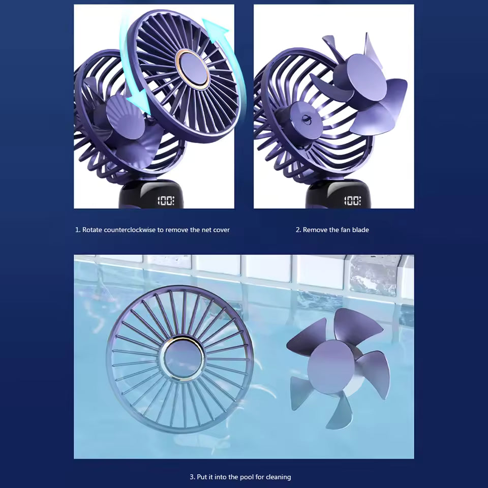 Portable handheld fan rechargeable with removable net cover and fan blade for easy cleaning