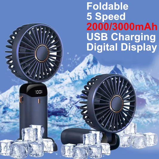 Clarify.pk portable handheld fan rechargeable foldable with USB charging and digital display