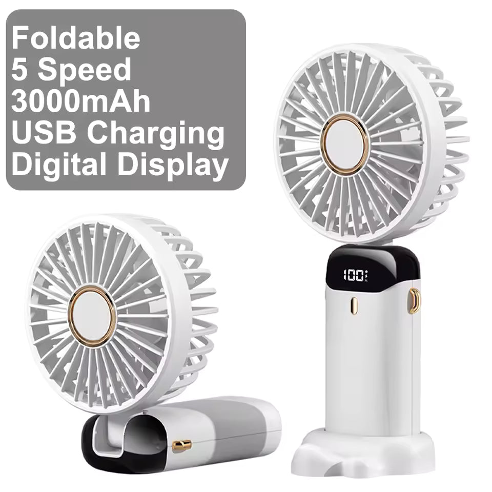 Clarify.pk portable handheld fan rechargeable foldable with 5 speeds 3000mAh battery USB charging digital display