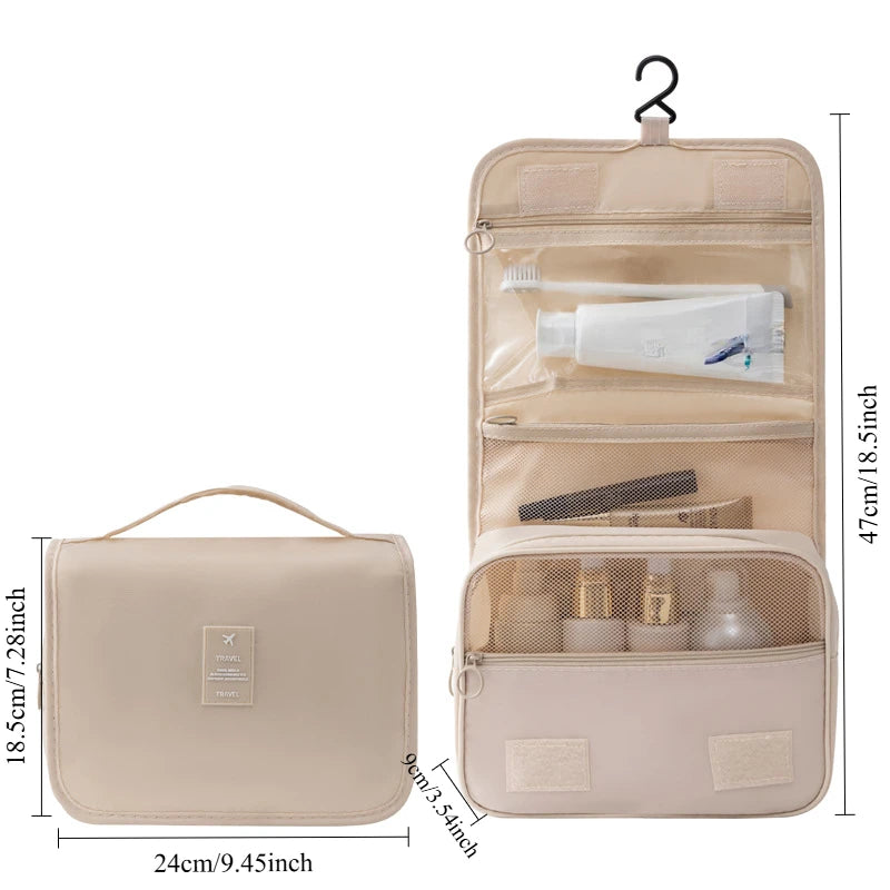 Clarify.pk beige portable hanging toiletry bag with multiple compartments and hook for travel