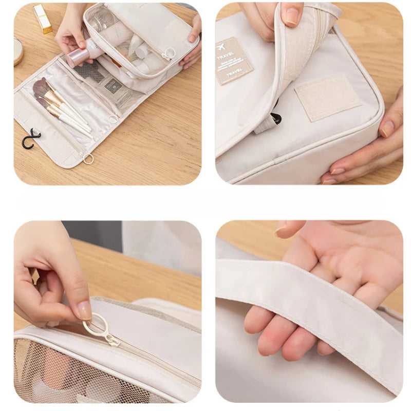 Clarify.pk portable hanging toiletry bag with multiple compartments and zipper closure for organizing cosmetics