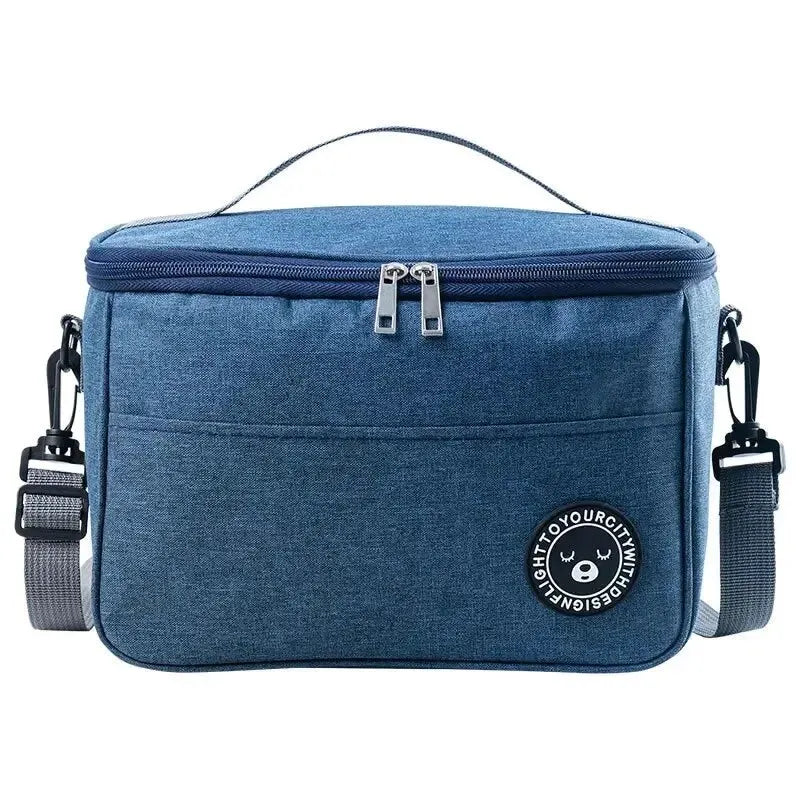 Clarify.pk portable insulated lunch bag in blue oxford cloth with adjustable shoulder strap and top handle