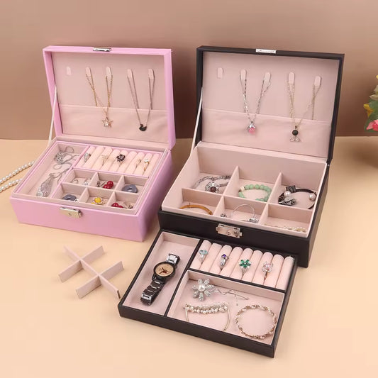 Clarify.pk portable jewelry box for girls in pink and black with multiple compartments for necklaces and rings