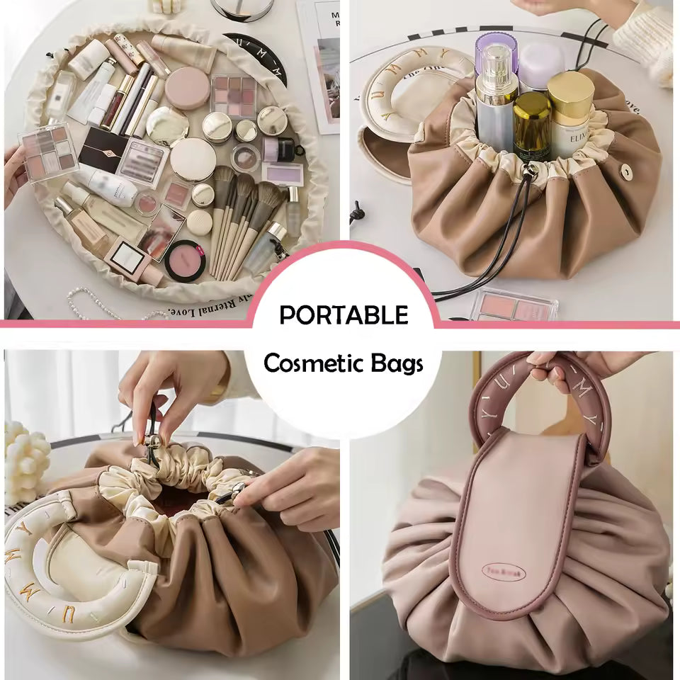 Clarify.pk large capacity makeup bag for women in beige with portable drawstring and handle