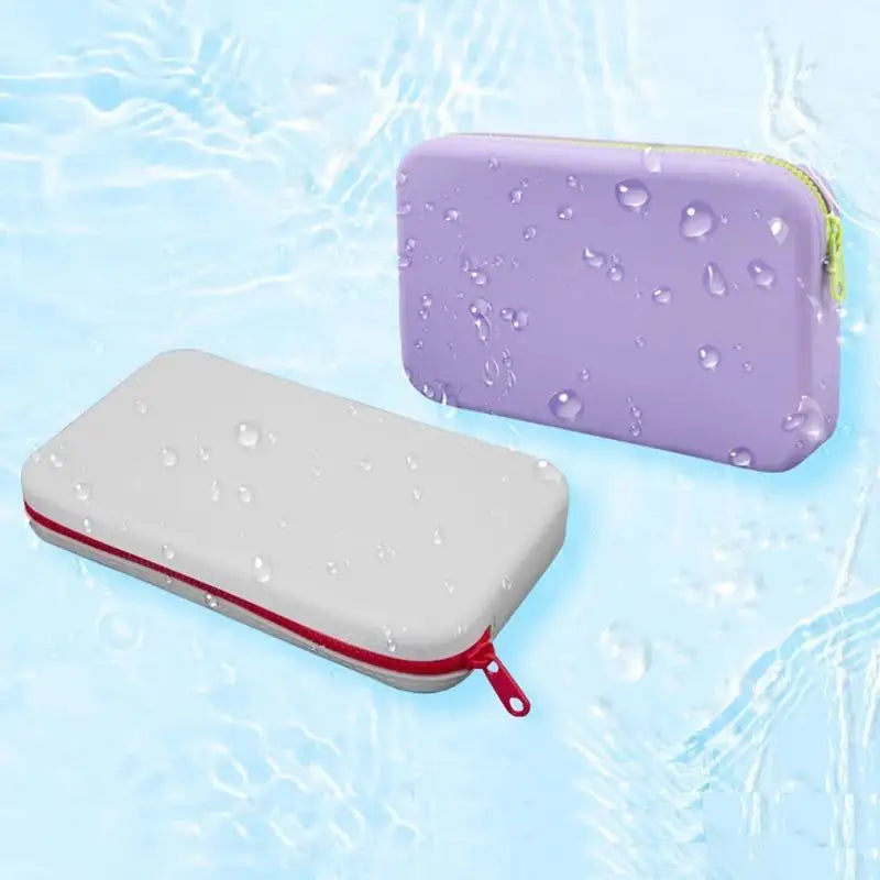 Water-resistant portable makeup brush organizer cosmetic storage bags in purple and white with zipper closure