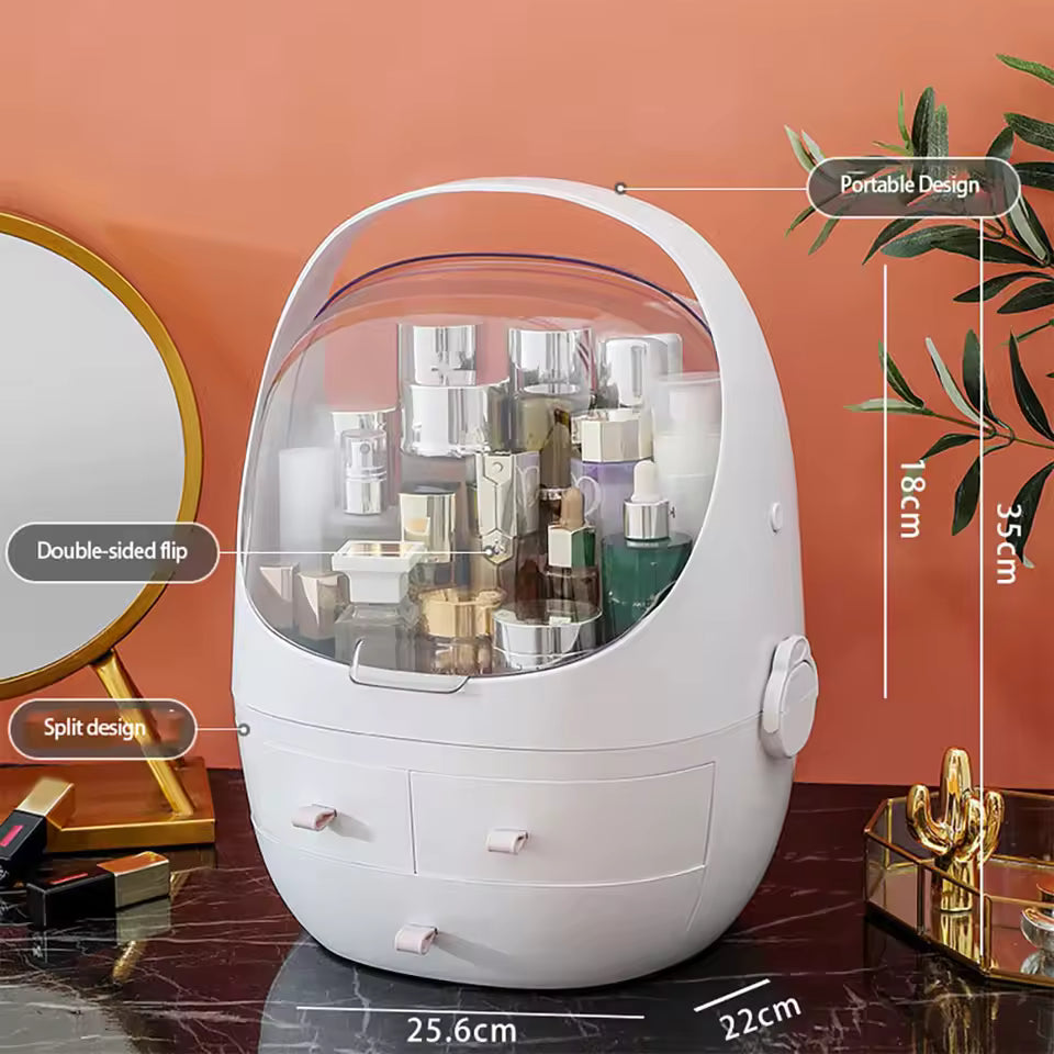 Portable makeup organizer with drawers in white with transparent top and multiple compartments