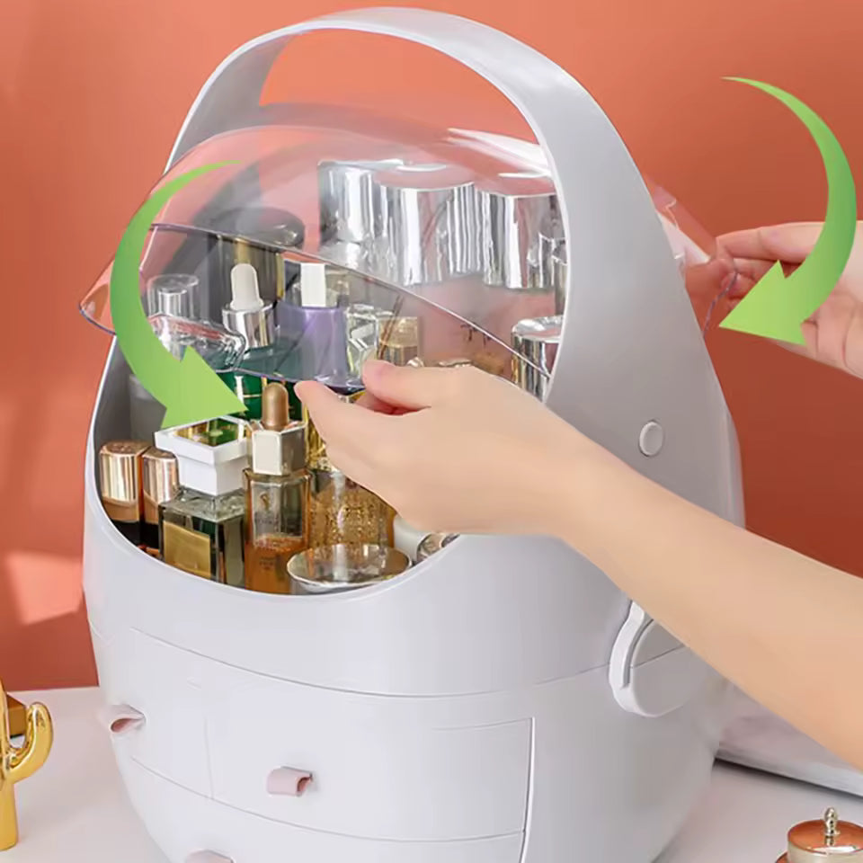 Portable makeup organizer with drawers and transparent top cover holding various cosmetics