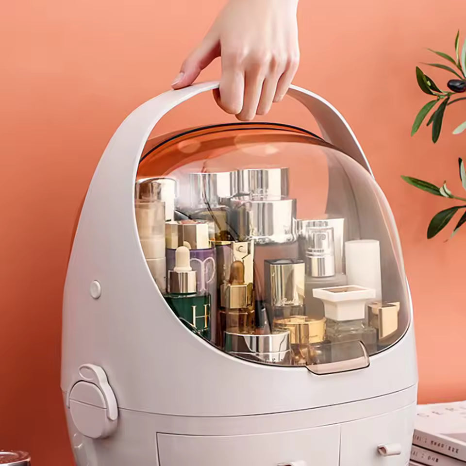 Portable makeup organizer with drawers in white featuring transparent cover and handle for easy carrying