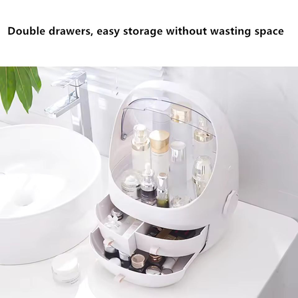 Clarify.pk portable makeup organizer with drawers in white featuring double drawers and clear top storage for cosmetics